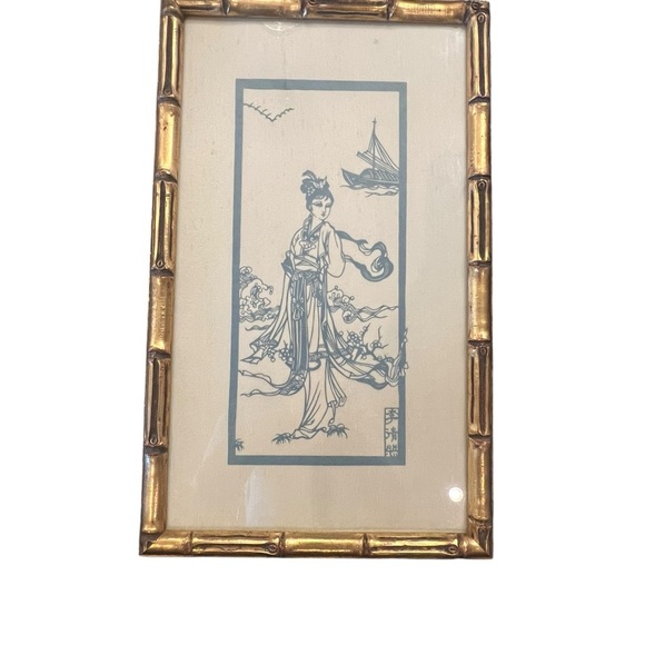 Other - Vintage Asian Art Print with Gold Bamboo Frame Chinese scissor cut
